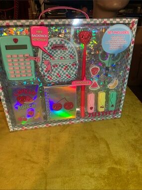 Justice Mint & Pink Fruit-Themed Stationery Set with Mini Backpack Keychain